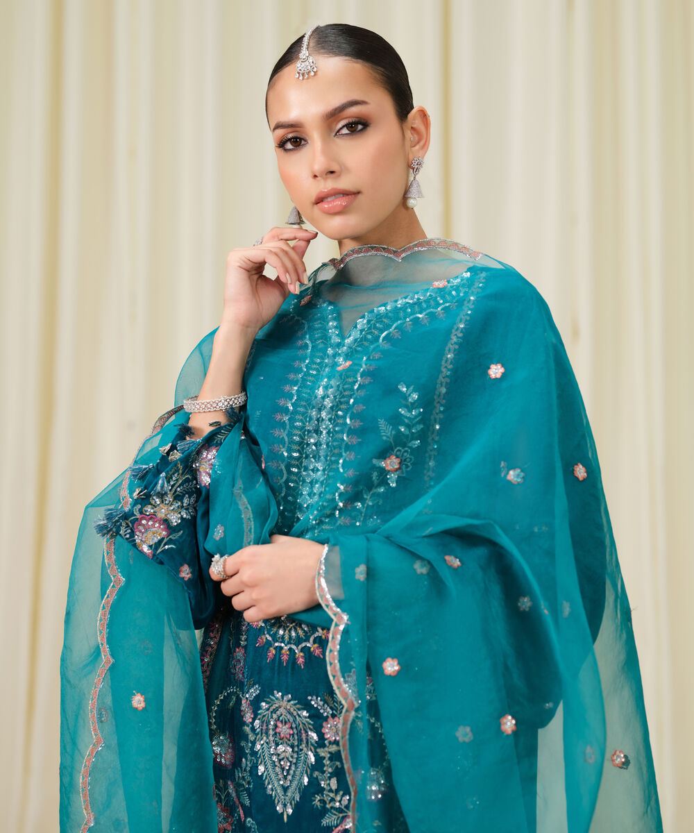 Women's Unstitched Embroidered Velvet Teal Blue 3 Piece Suit