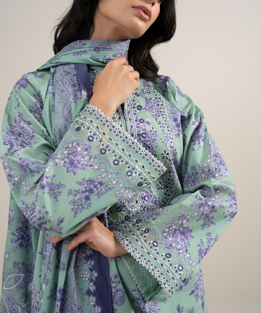 Women's Unstitched Lawn Embroidered Green and Purple 3 Piece Suit