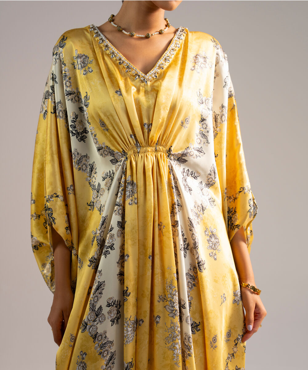 Women's RTW Blended Satin Printed Yellow Kaftan