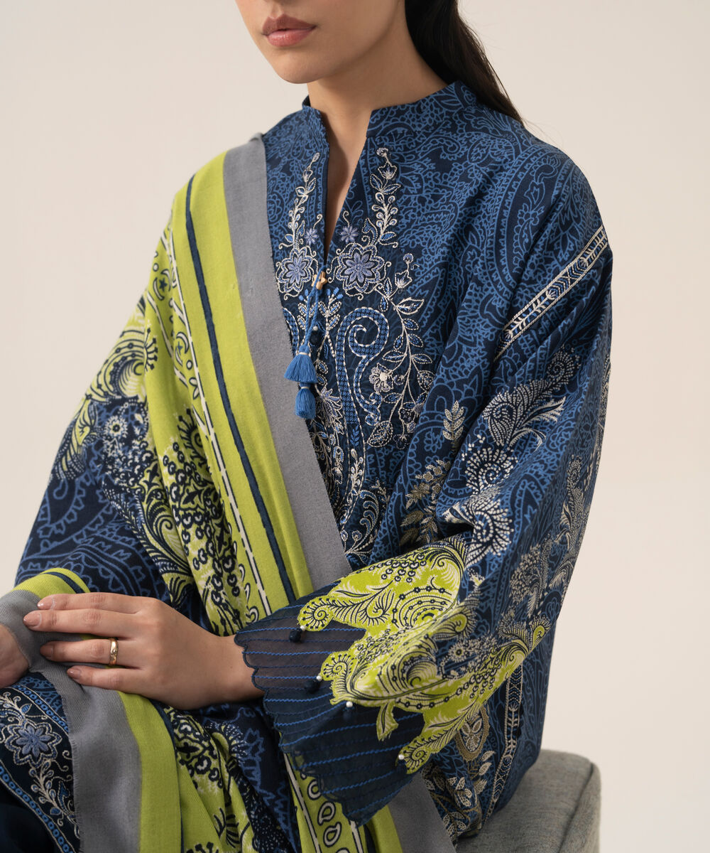 Women's Unstitched Premium Khaddar Printed Blue 3 Piece Suit