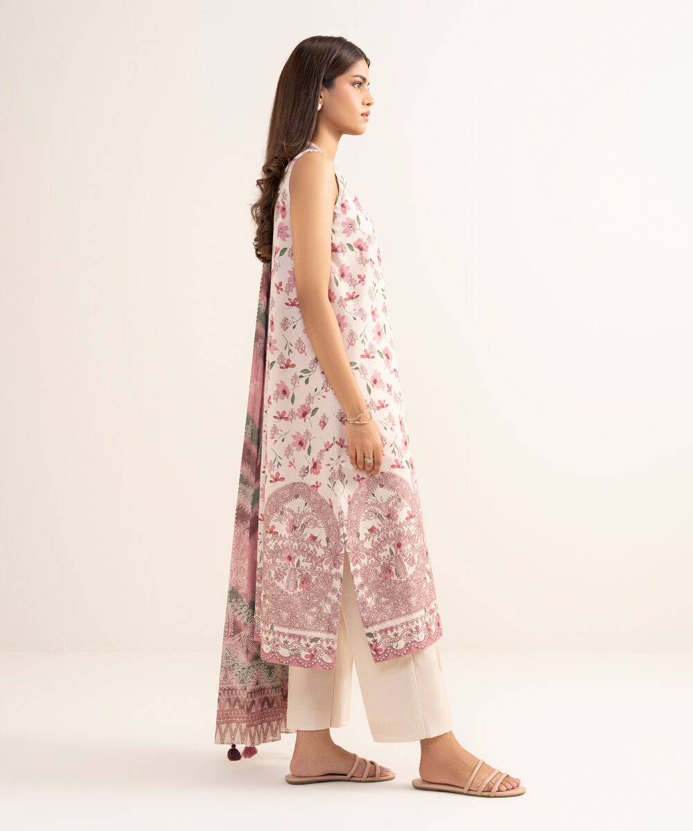 Women's Unstitched Lawn Printed Pink 3 Piece Suit