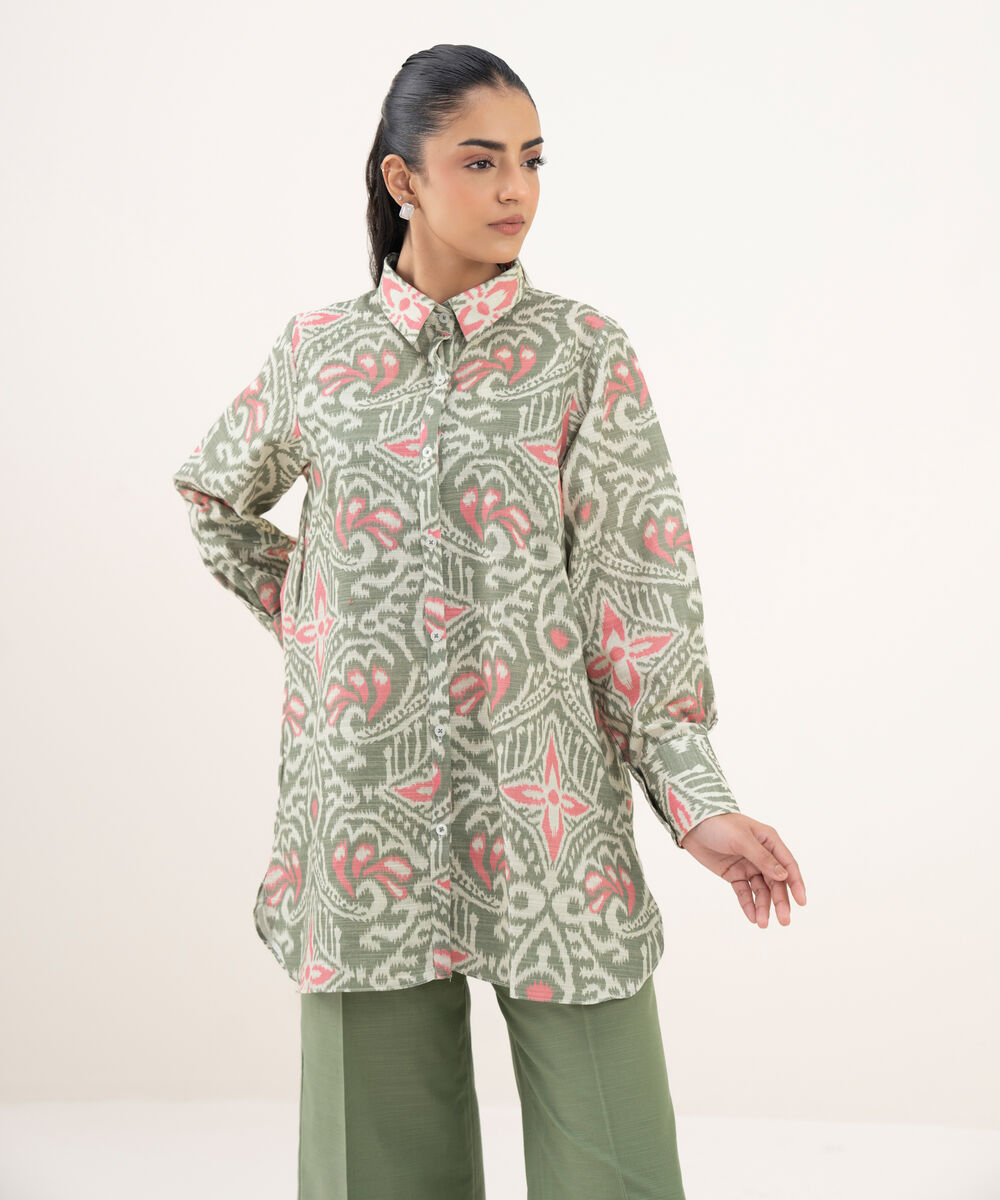Women's RTW Light Khaddar Printed Button Down Grey Shirt