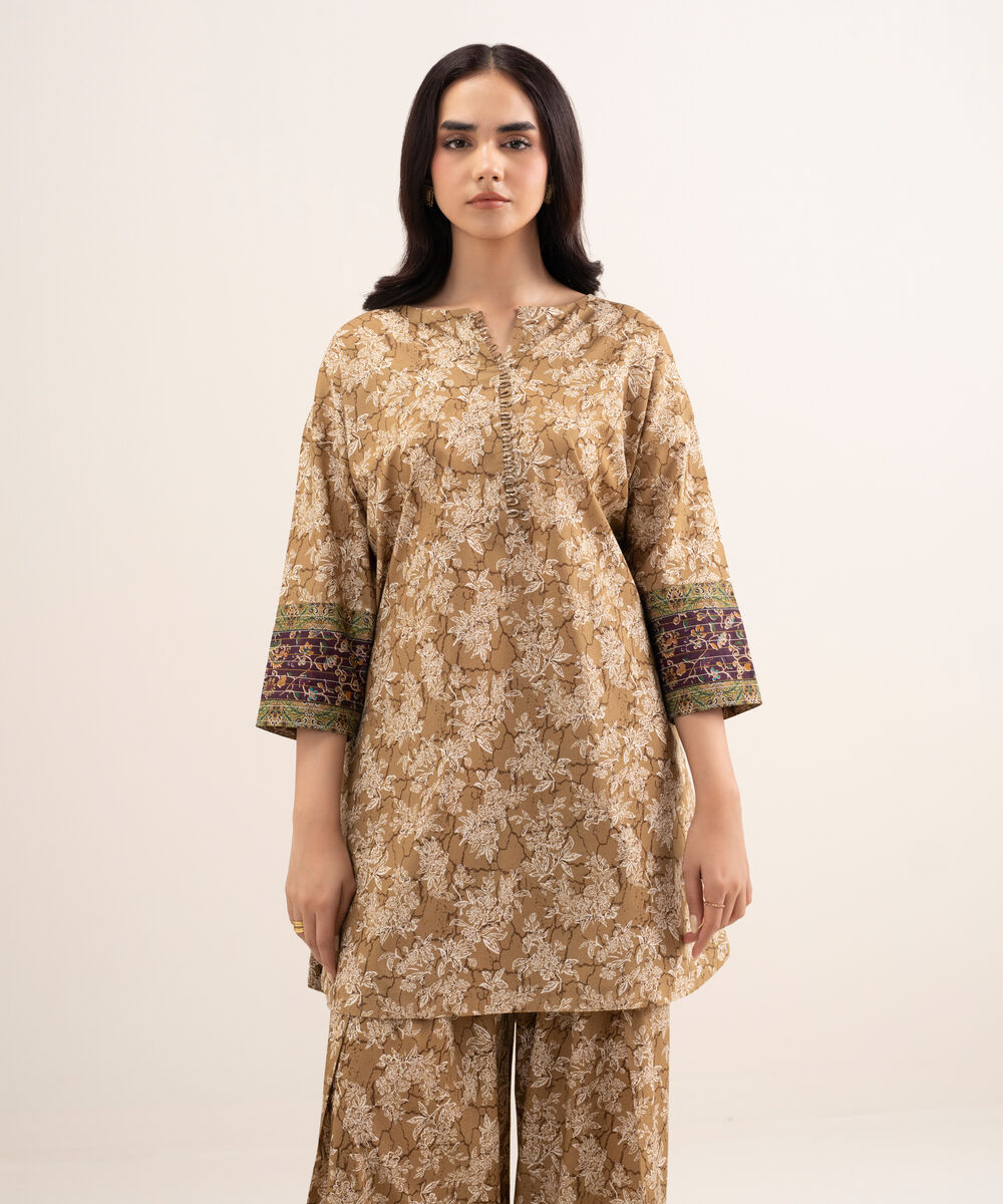 Women's Unstitched Lawn Printed Gold 2 Piece Suit