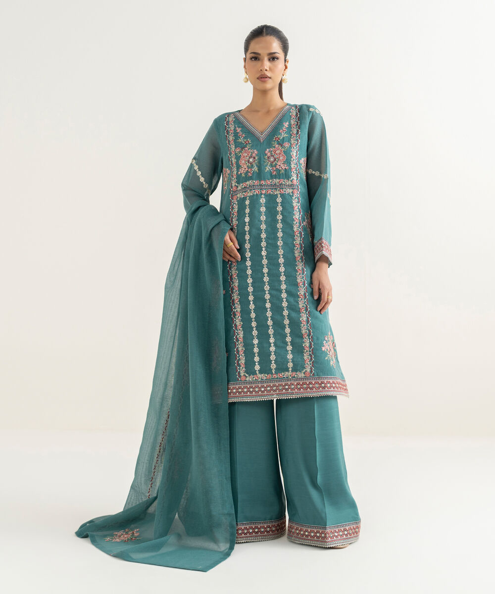 Blended Textured Karandi Embroidered Blue Dupatta