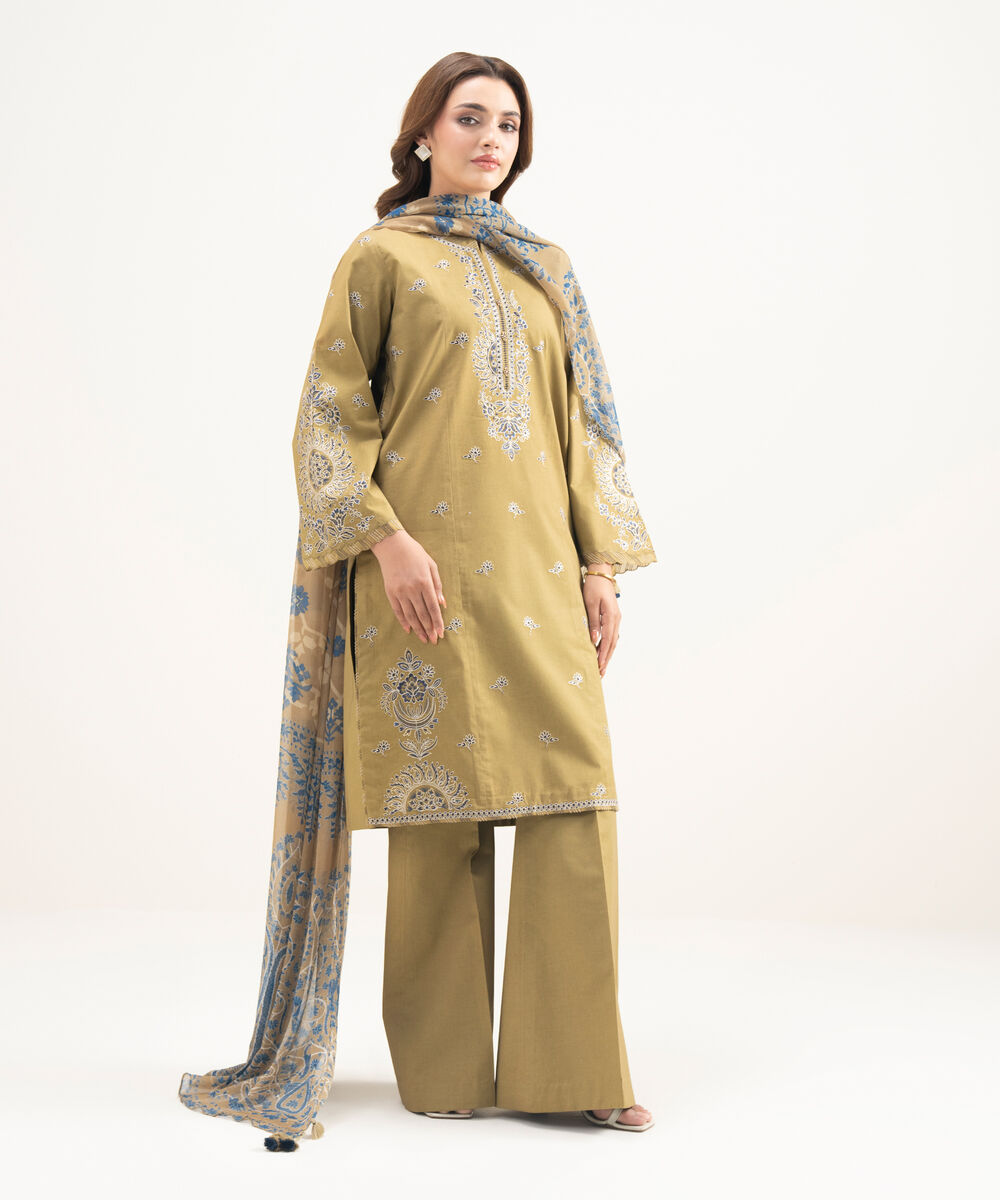Women's Unstitched Lawn Embroidered Brown 3 Piece Suit