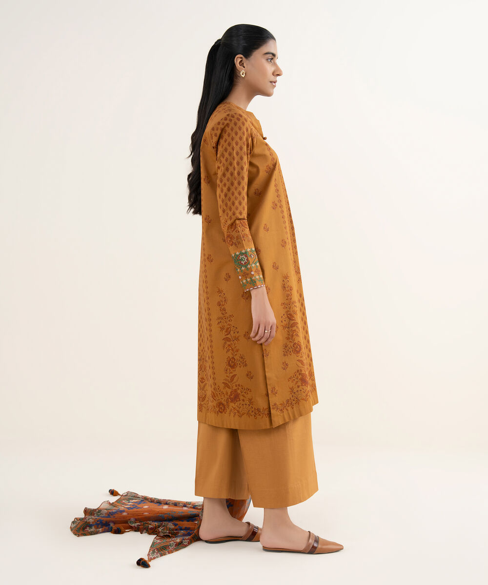 Women's Unstitched Lawn Printed Orange 3 Piece Suit