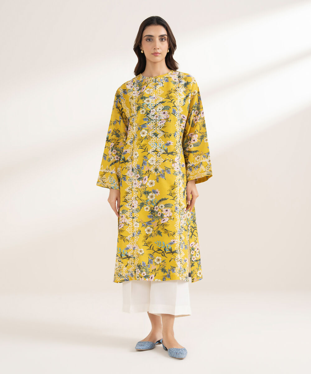 Women's RTW Khaddar Embroidered A-Line Yellow Shirt
