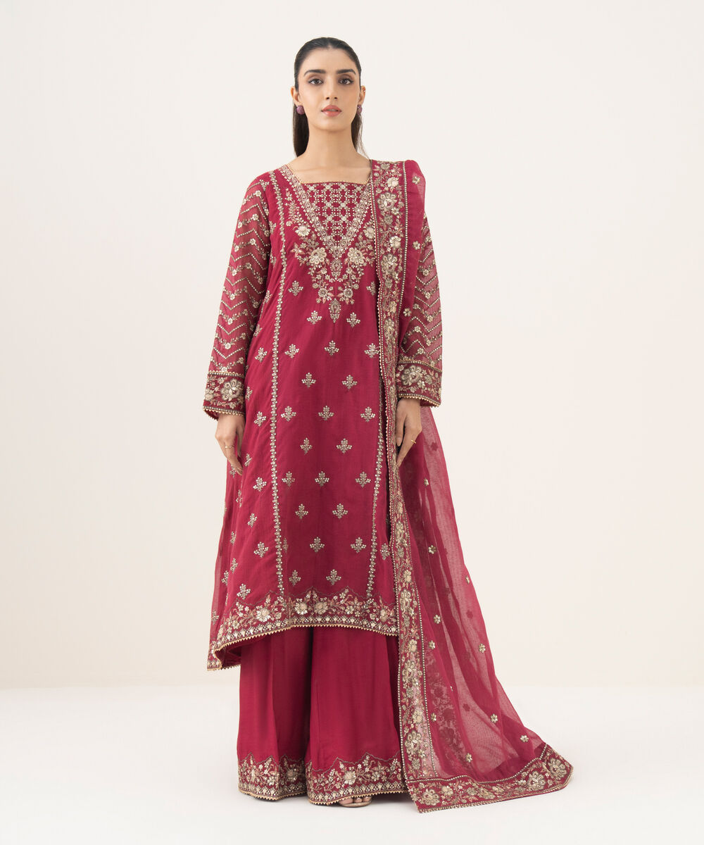 Women's RTW Blended Karandi Embroidered Red 3 Piece Suit