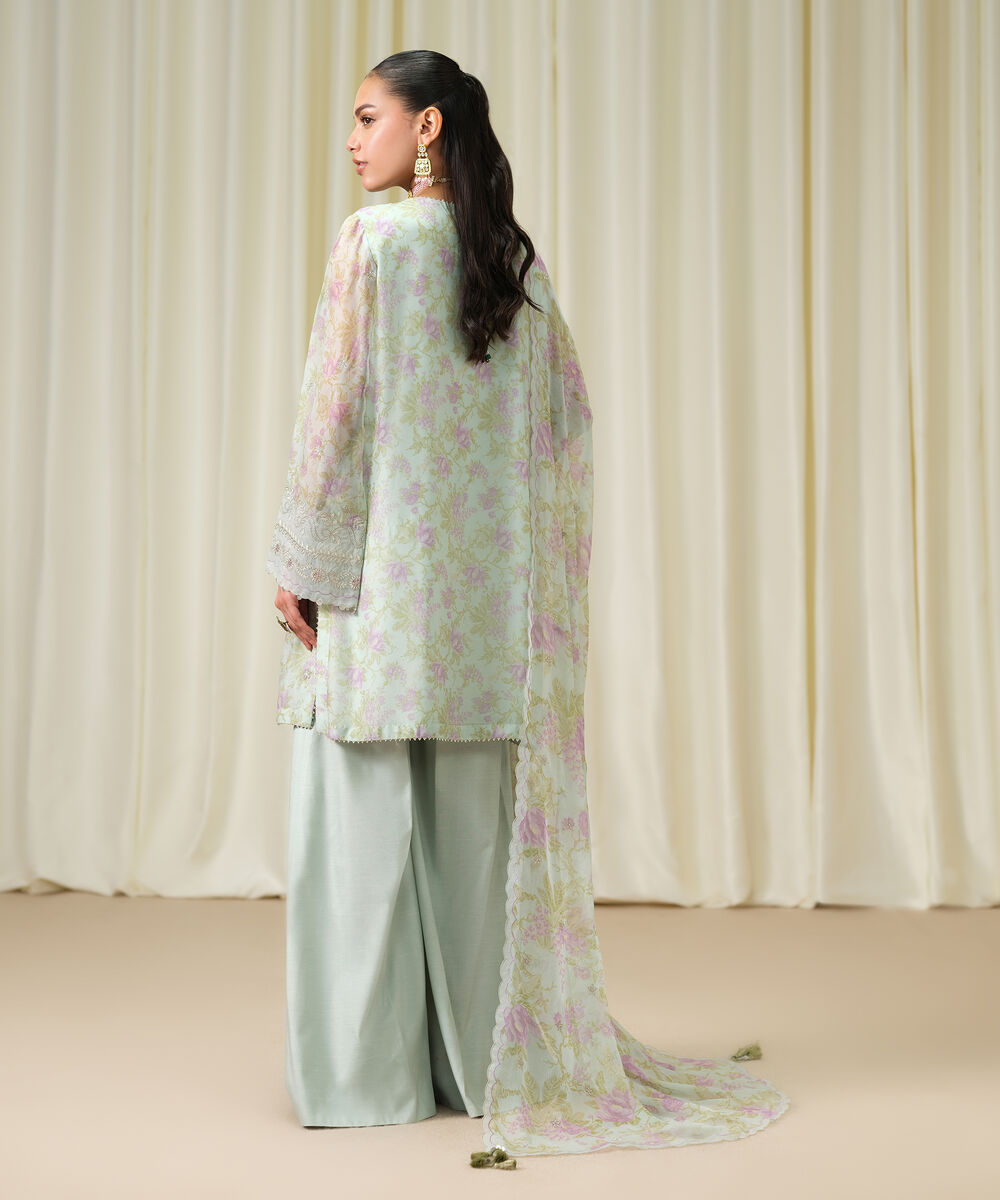 Women's Unstitched Blended Chiffon Embroidered Blue 3 Piece Suit