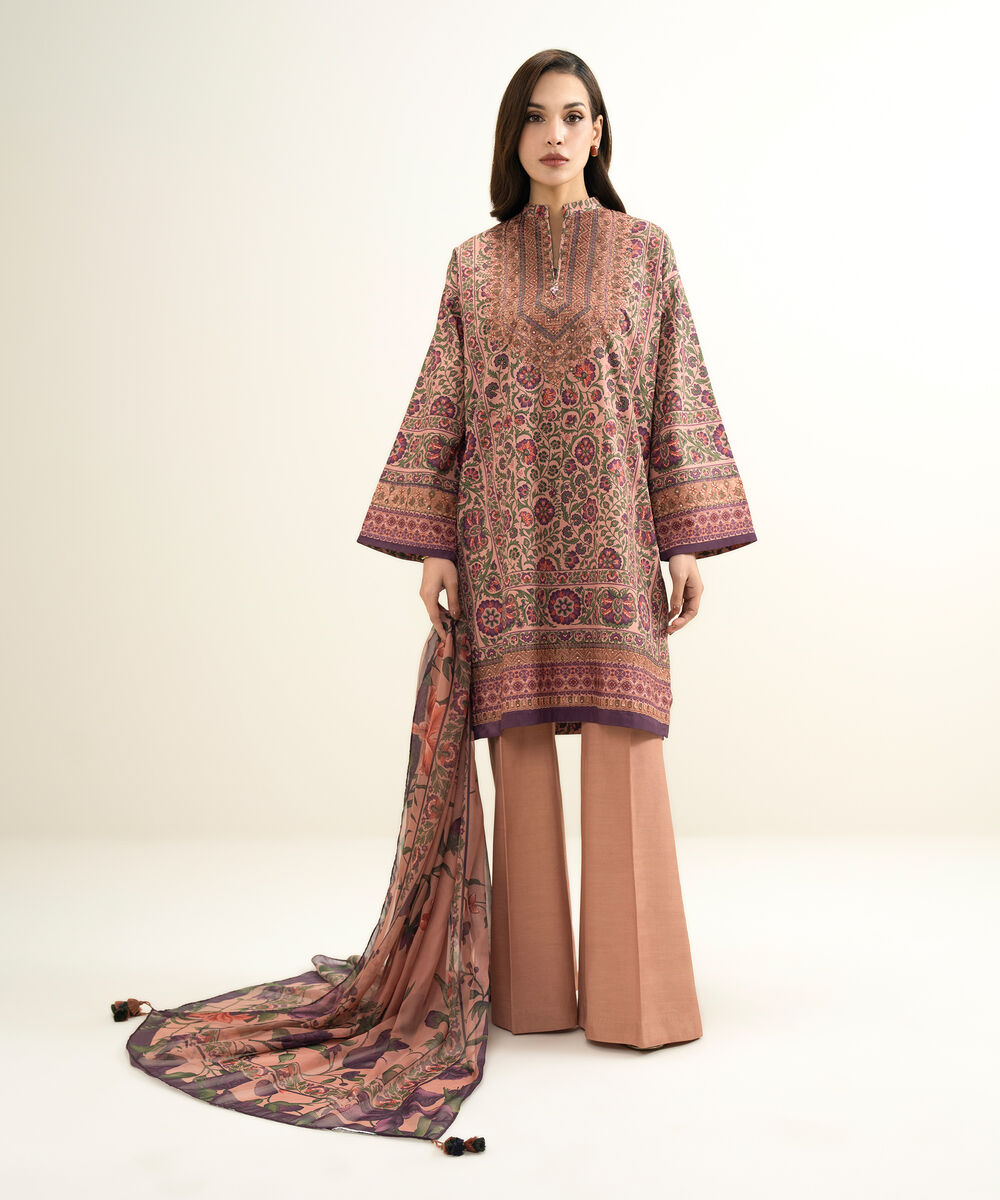 Women's Unstitched Blended Grip Silk Embroidered Pink 3 Piece Suit