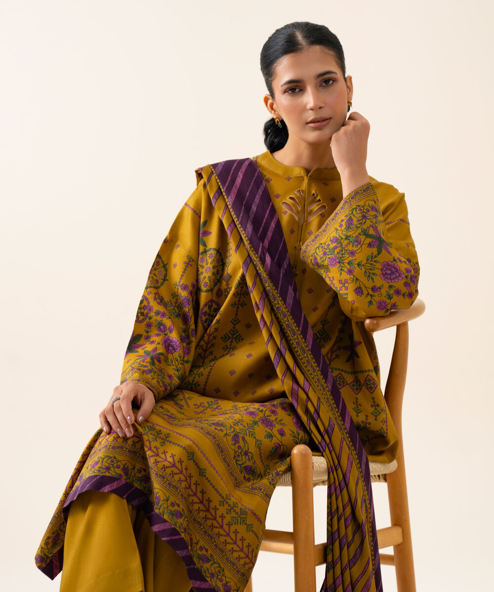 Women's Unstitched Viscose Linen Printed Mustard 3 Piece Suit