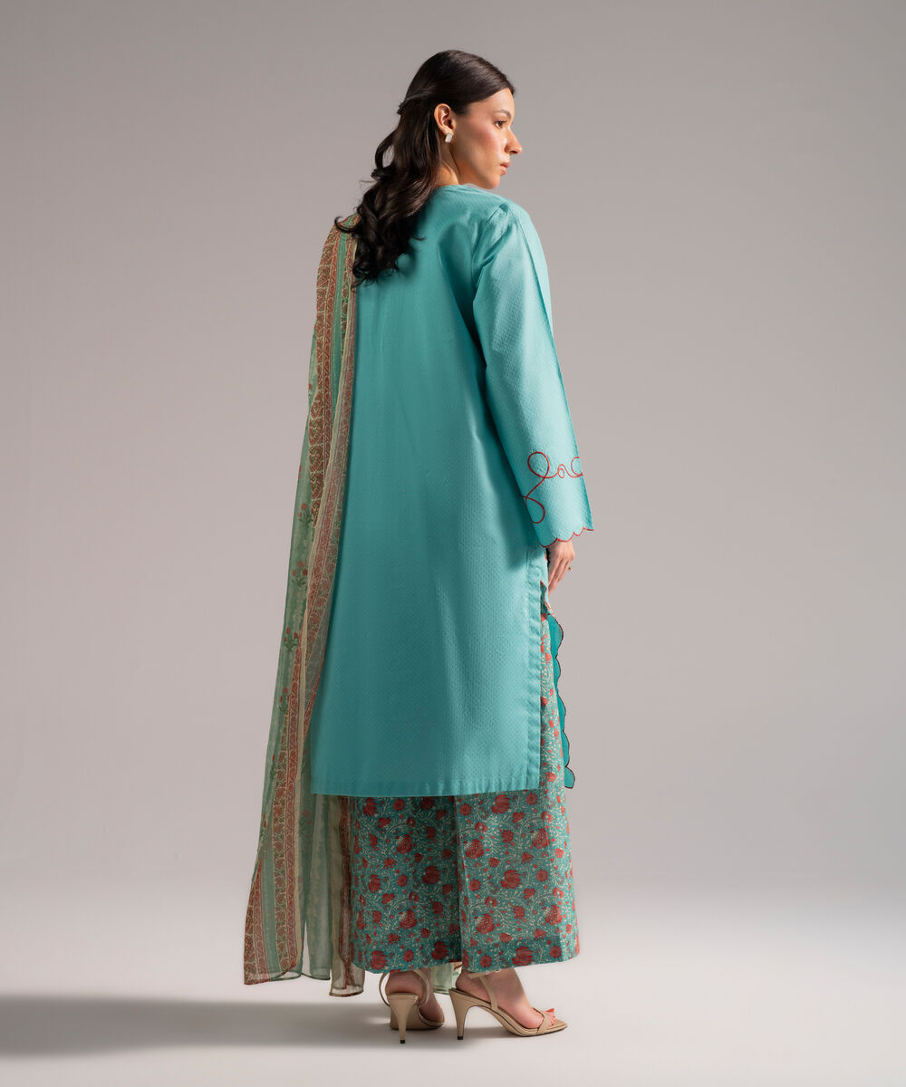 Women's RTW Dobby Embroidered Blue 3 Piece Suit