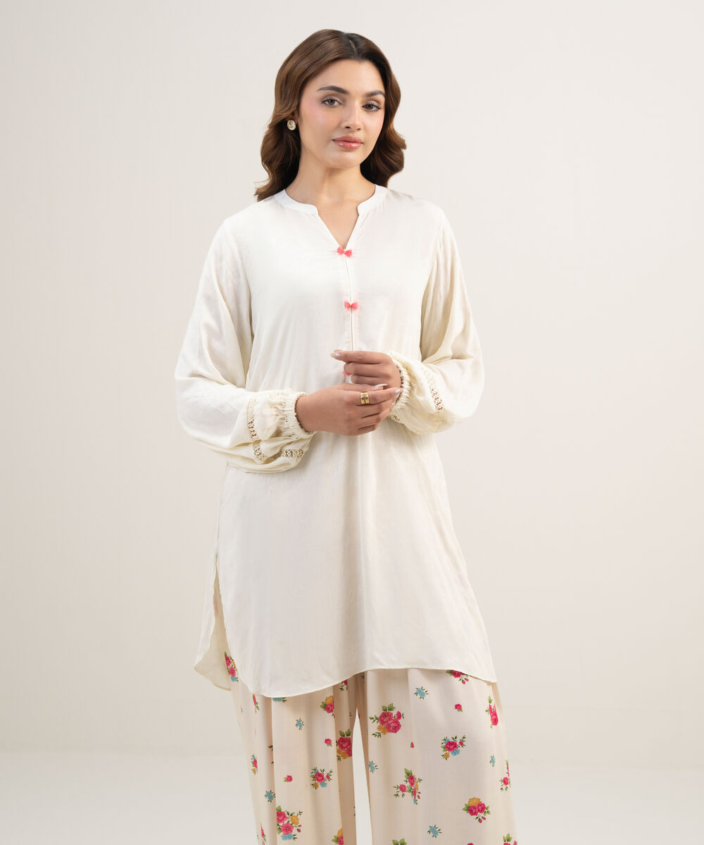 Women's RTW Arabic Self Jacquard Solid Cream White Straight Shirt