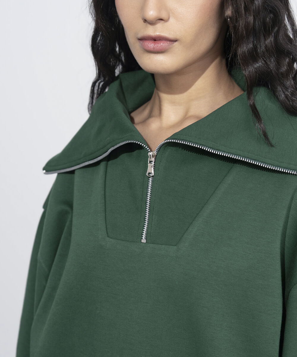 Women's Western Wear Green Zip-Up Interlock Sweatshirt