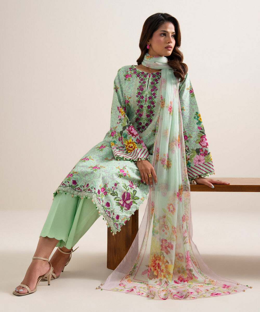 Women's Unstitched Zari Cotton Embroidered Green 3 Piece Suit