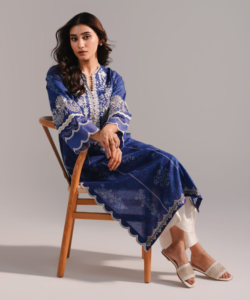 Women's RTW Lawn Embroidered Dark Blue A-Line Shirt