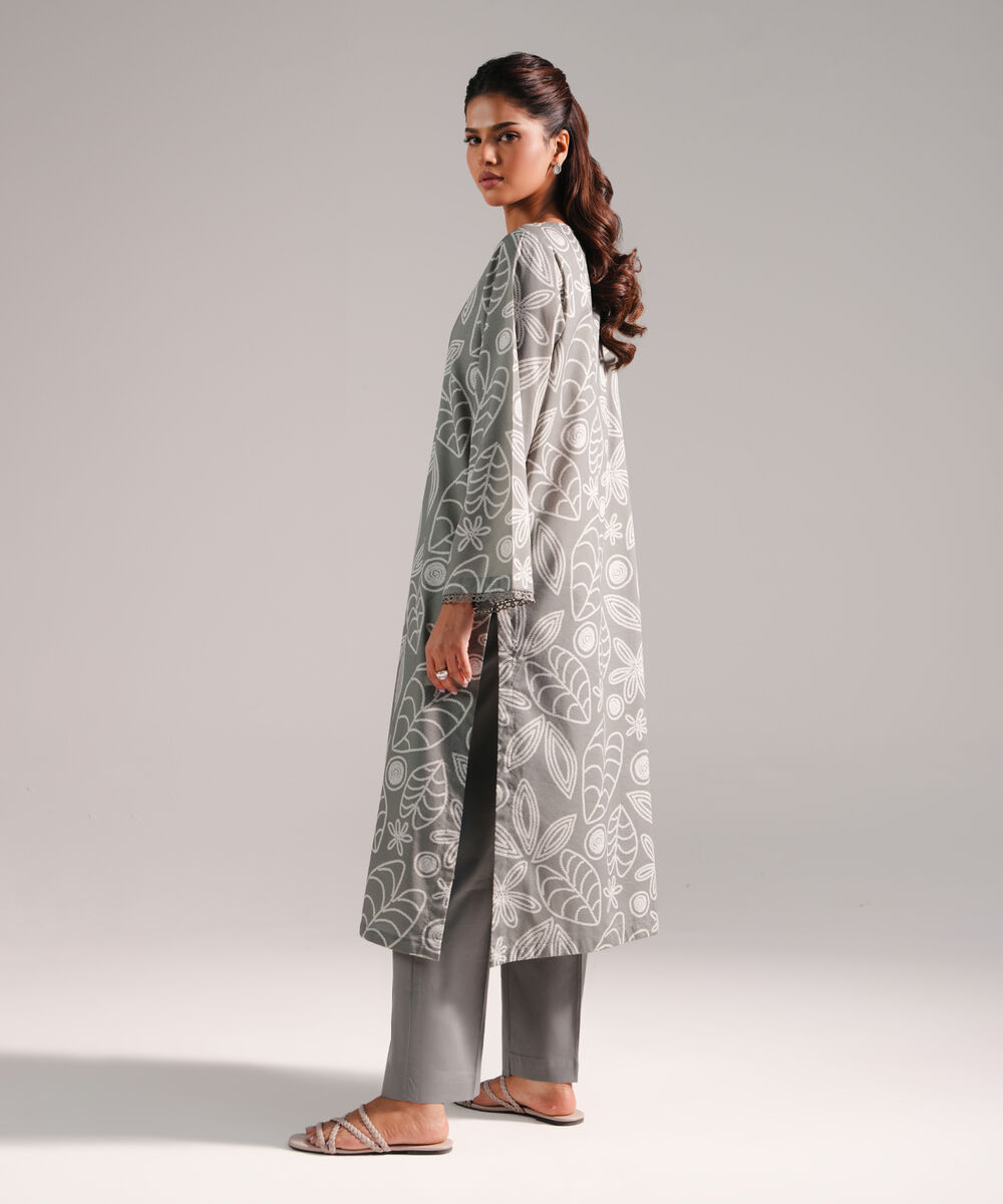 Women's RTW Cotton Viscose Printed Grey 2 Piece Suit