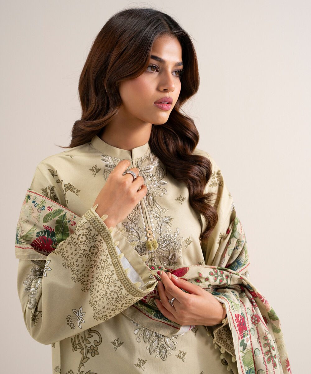 Women's Unstitched Embroidered Cotton Beige 3 Piece Suit