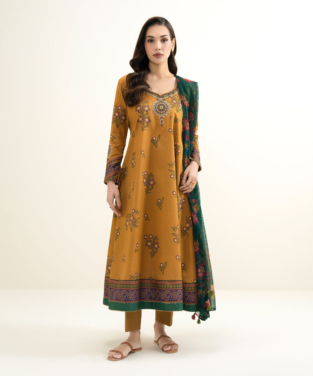 Women's Unstitched Lawn Embroidered Orange 3 Piece Suit