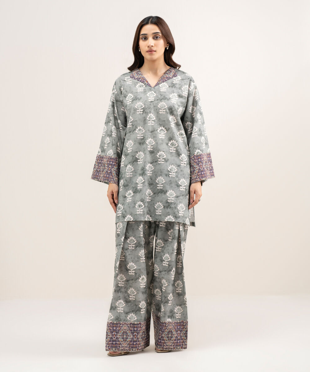 Women's Unstitched Lawn Printed Grey 2 Piece Suit