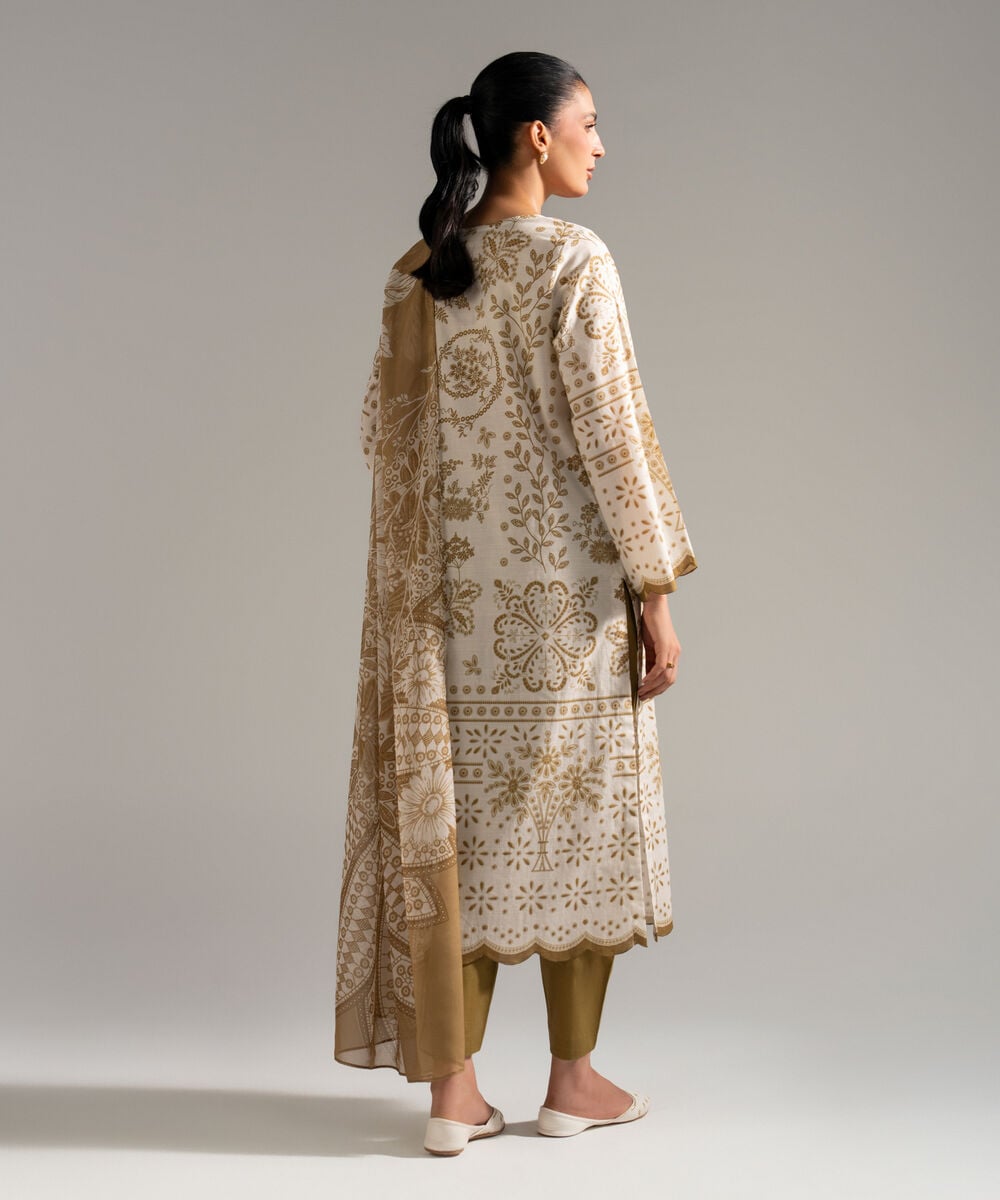 Women's RTW Slub Lawn Printed Off White 3 Piece Suit