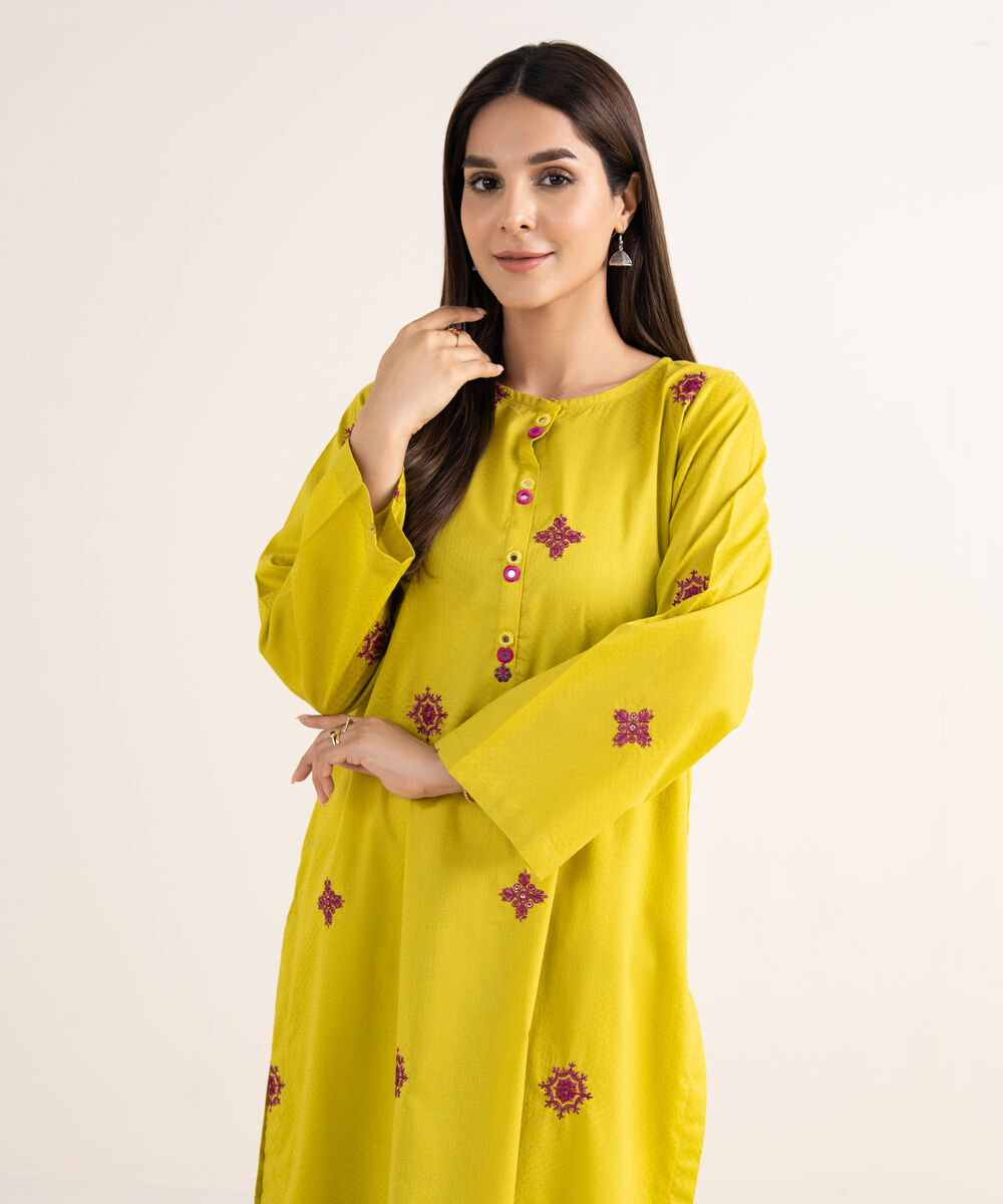 Women's RTW Textured Cotton Lime Green Embroidered A-Line Shirt