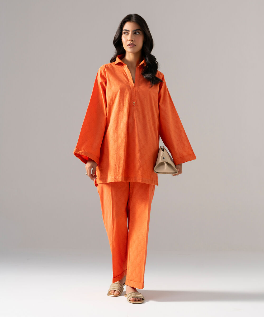 Women's RTW Textured Cotton Solid Orange 2 Piece Suit