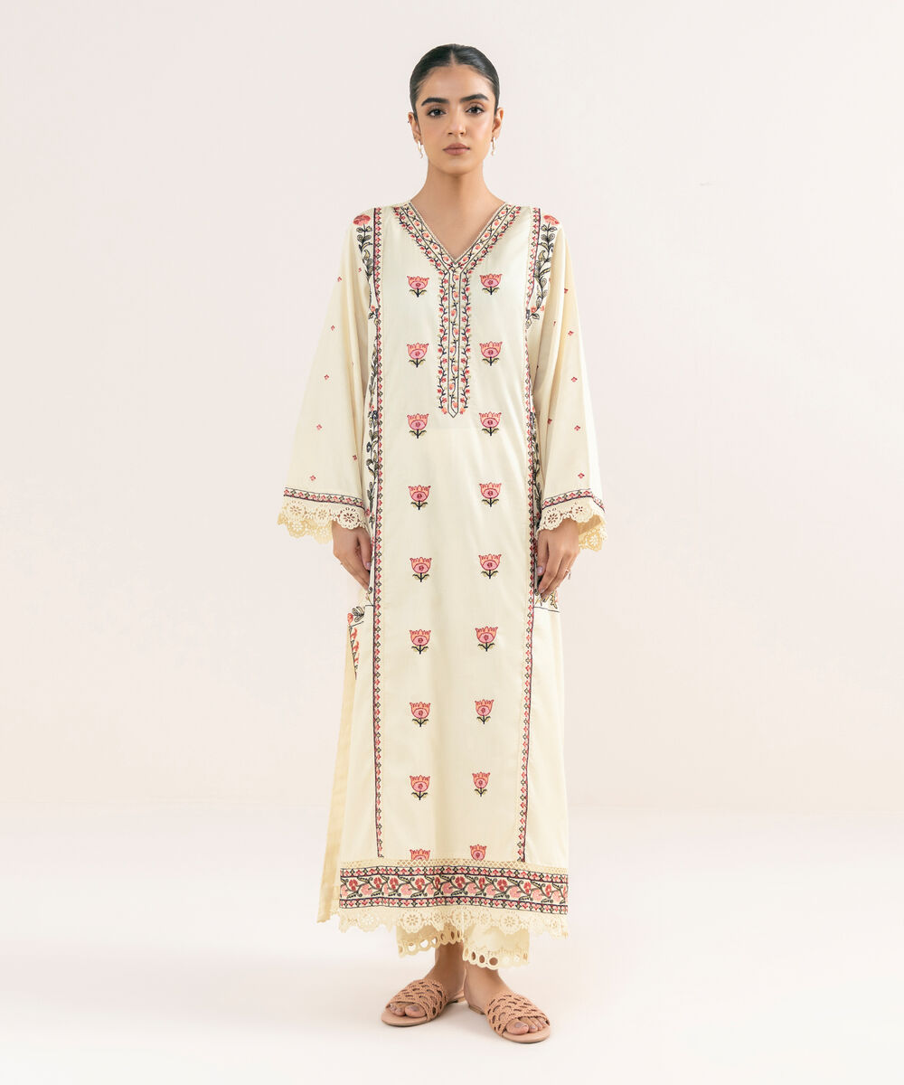 Women's RTW Cotton Satin Off White Embroidered A-Line Shirt