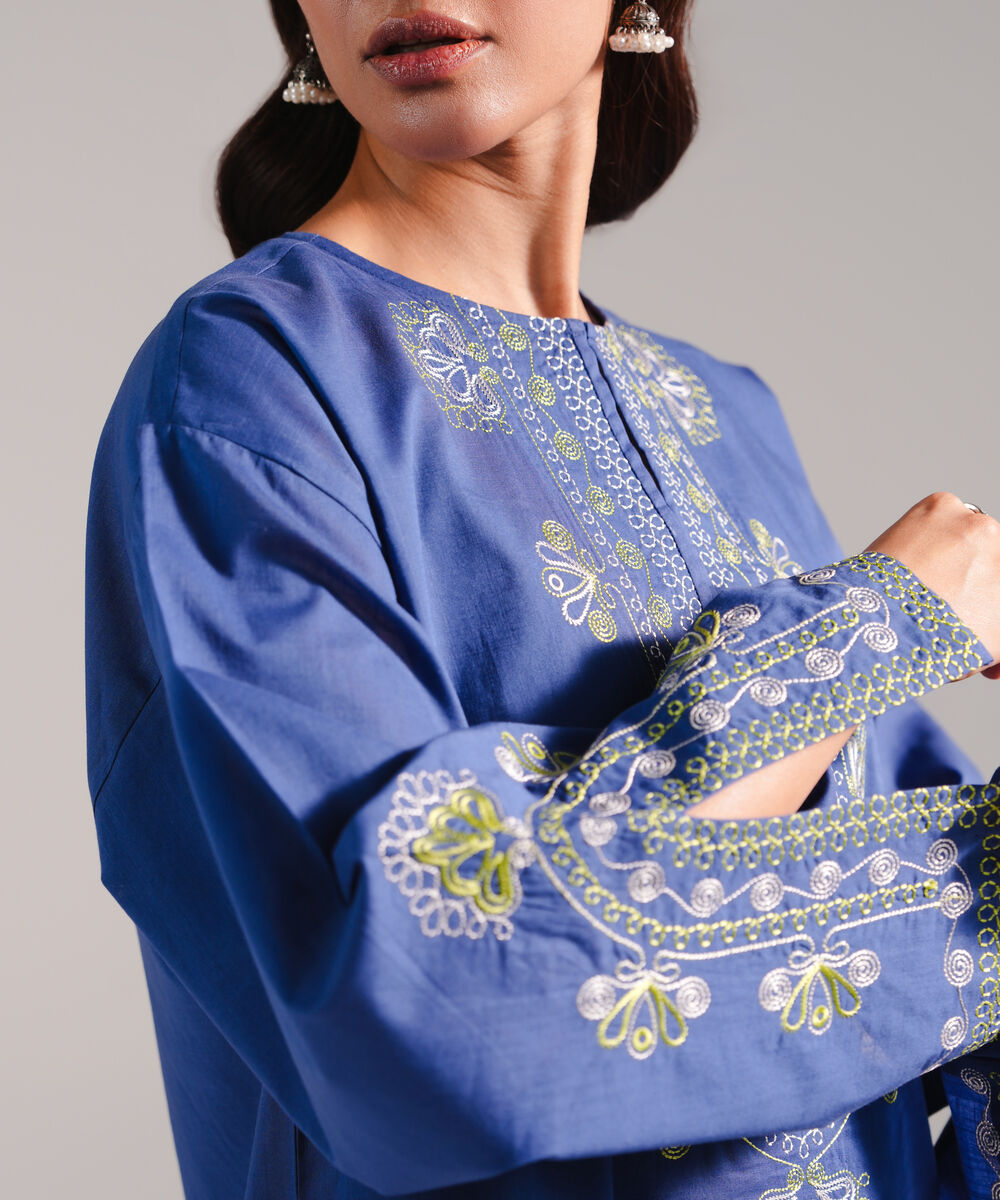 Women's RTW Crosshatch Embroidered Dark Blue Straight Shirt