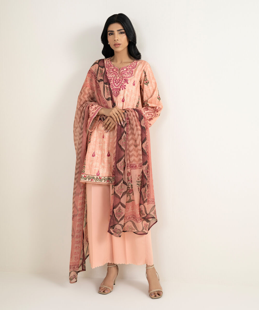Women's RTW Dobby Embroidered Pink 3 Piece Suit