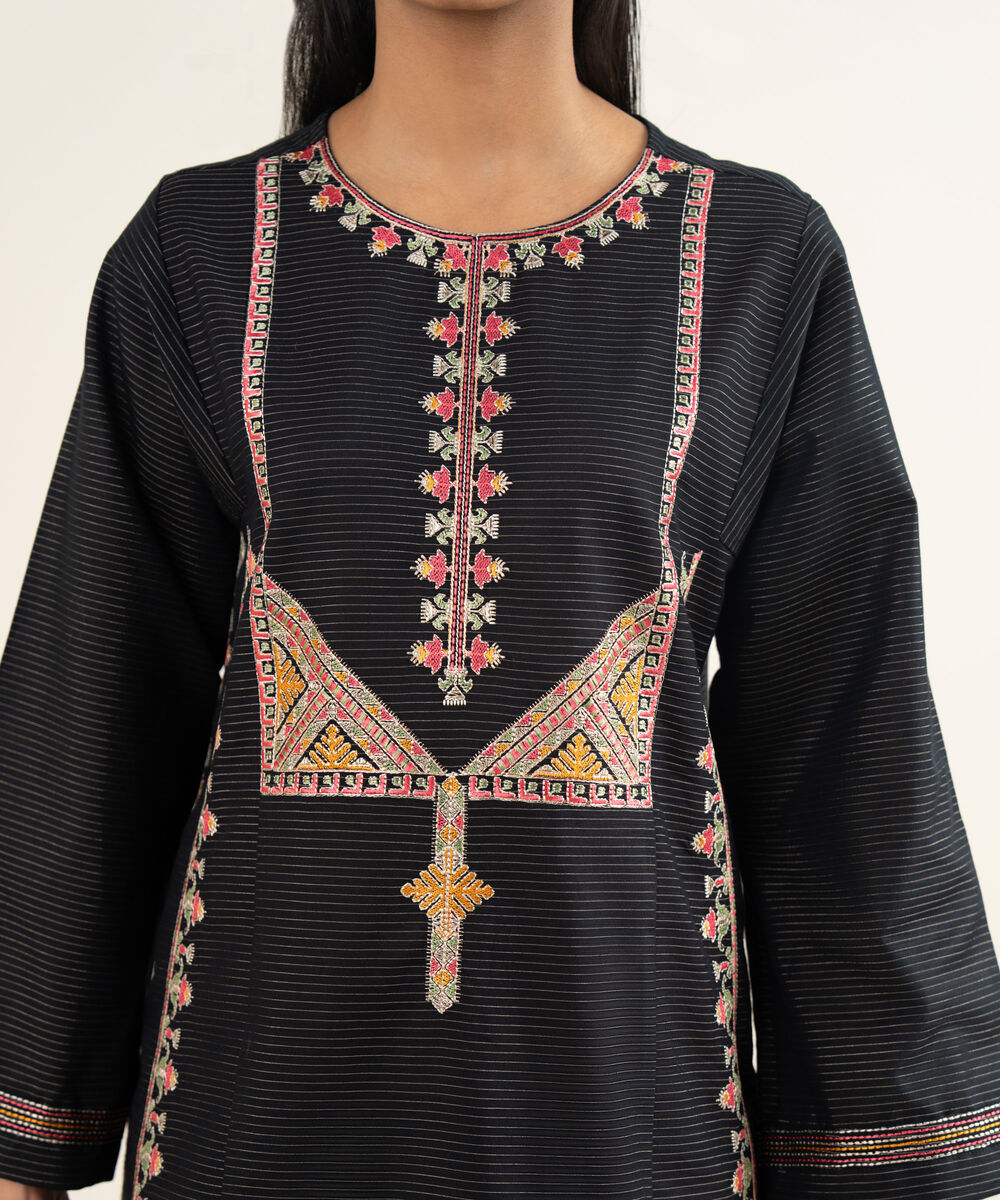 Women's RTW Fancy Textured Slub Embroidered Black Boxy Shirt