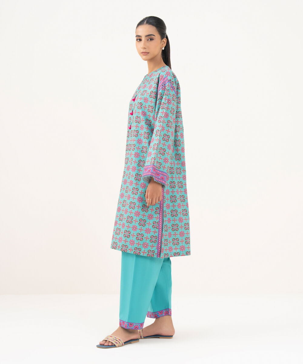 Women's RTW Cambric Teal Printed A-Line Shirt