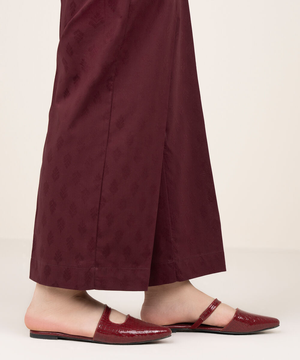 Women's RTW Self Jacquard Leno Solid Maroon Straight Pants