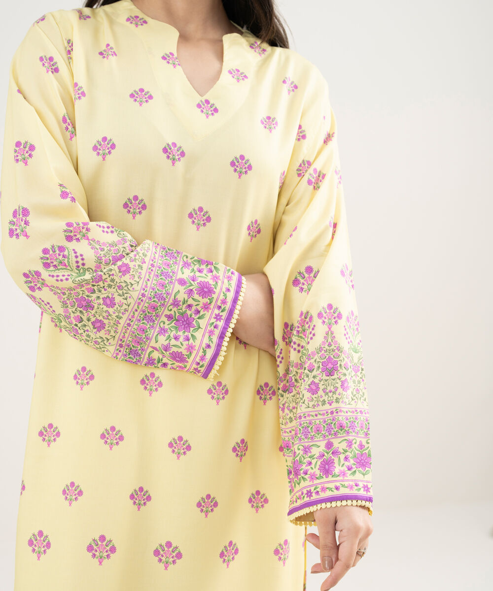 Women's RTW Arabic Cambric Embroidered Pale Yellow Straight Shirt