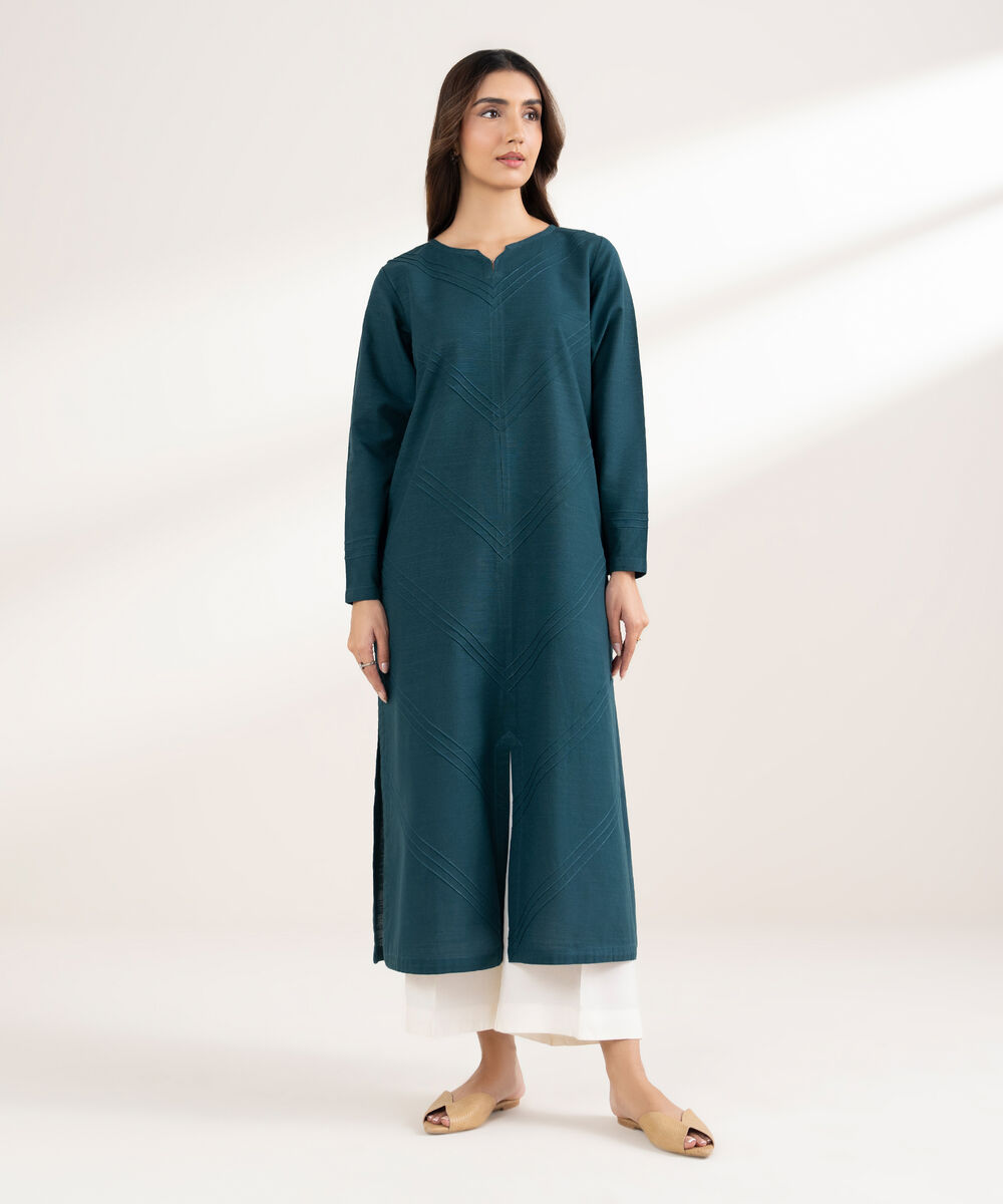 Women's RTW Khaddar Solid Straight Blue Shirt