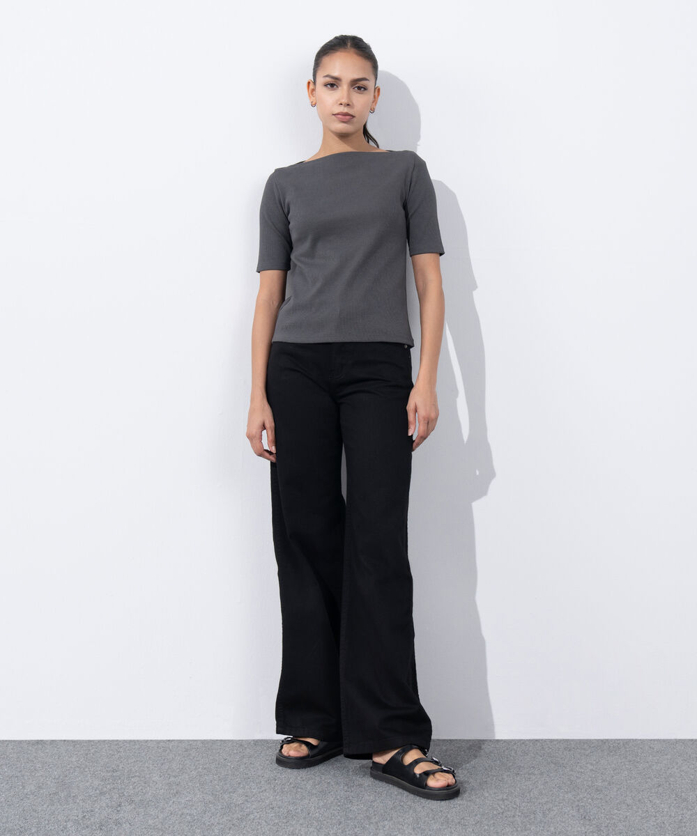 Women's Western Wear Grey Slash Neck Rib Top