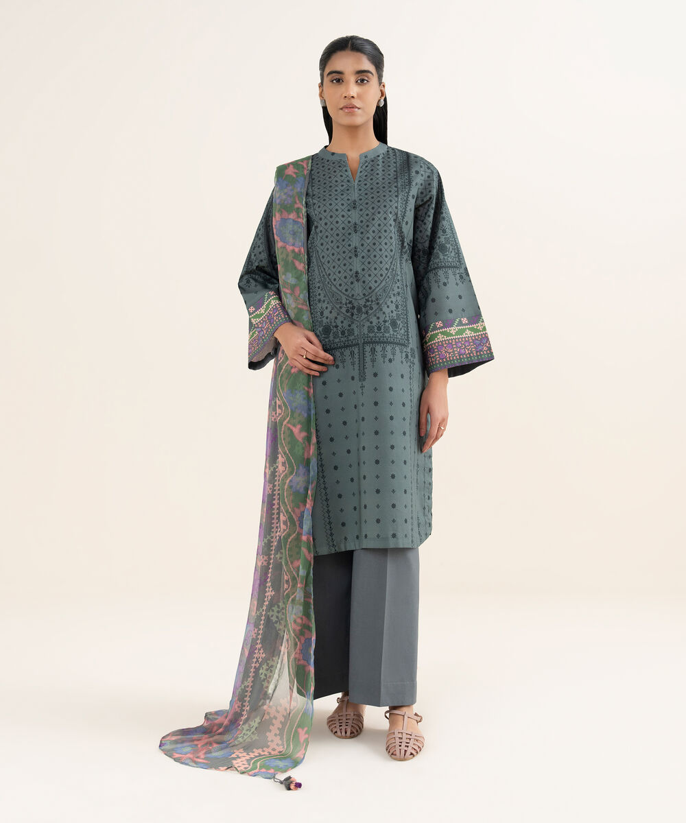 Women's Unstitched Lawn Printed Grey 3 Piece Suit