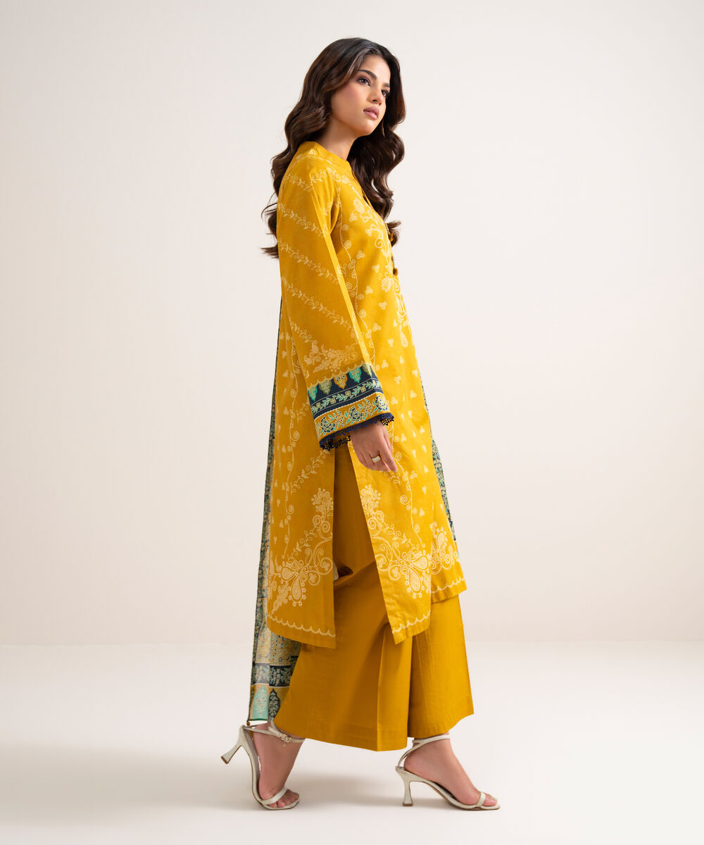 Women's Unstitched Printed Lawn Mustard 3 Piece Suit