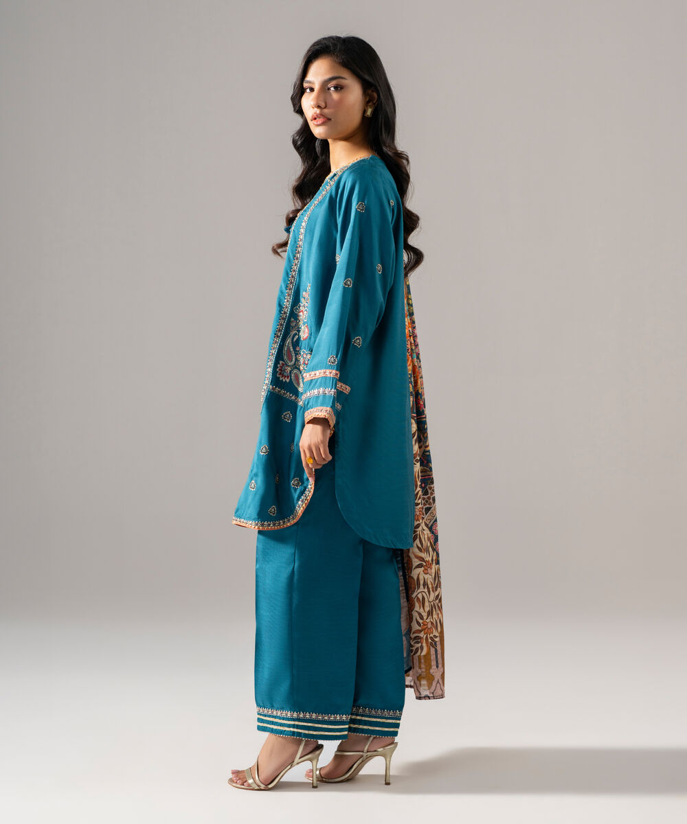 Women's RTW Bright Raw Silk Embroidered Blue 3 Piece Suit