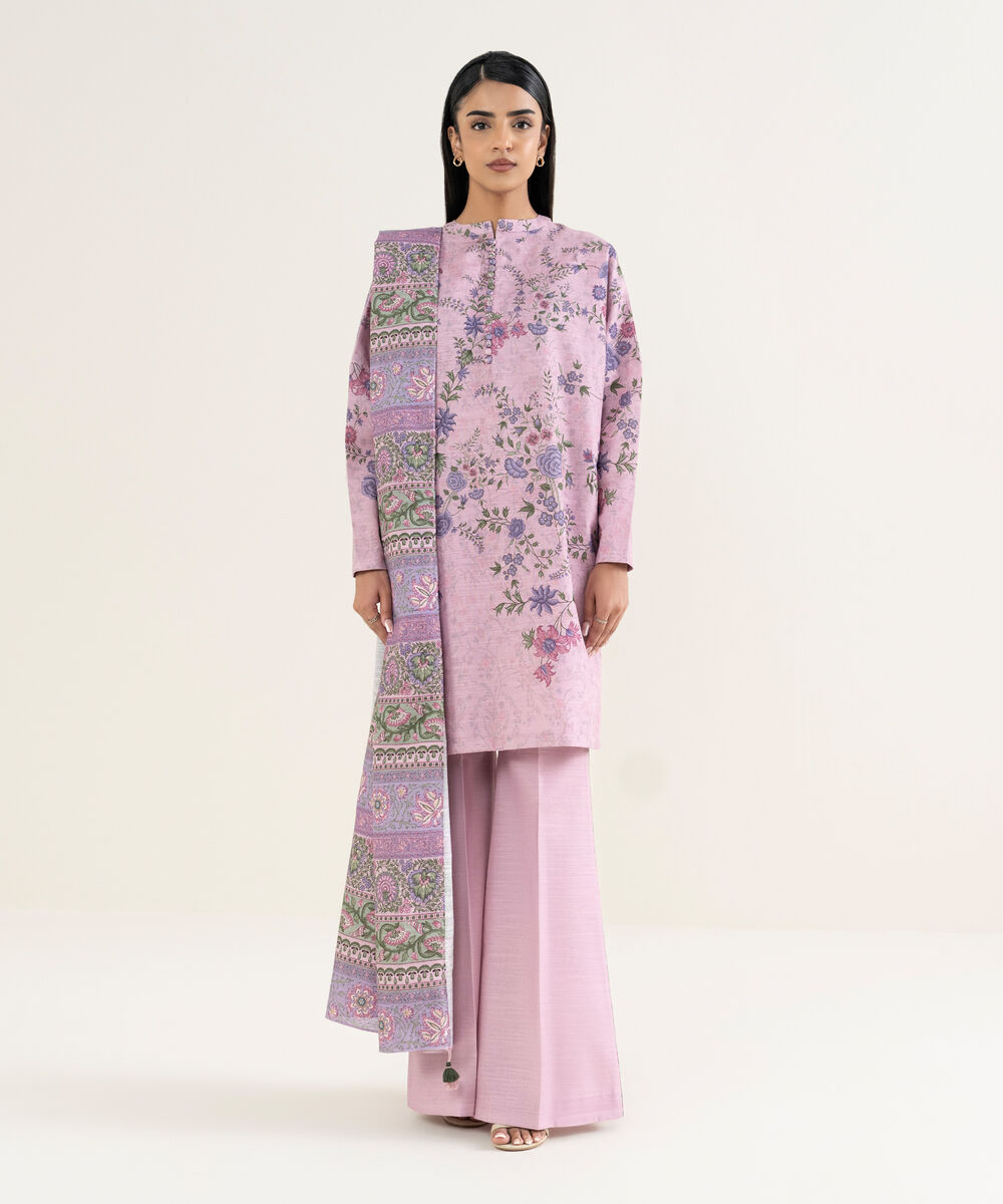 Women's Unstitched Printed Cotton Lilac 3 Piece Suit