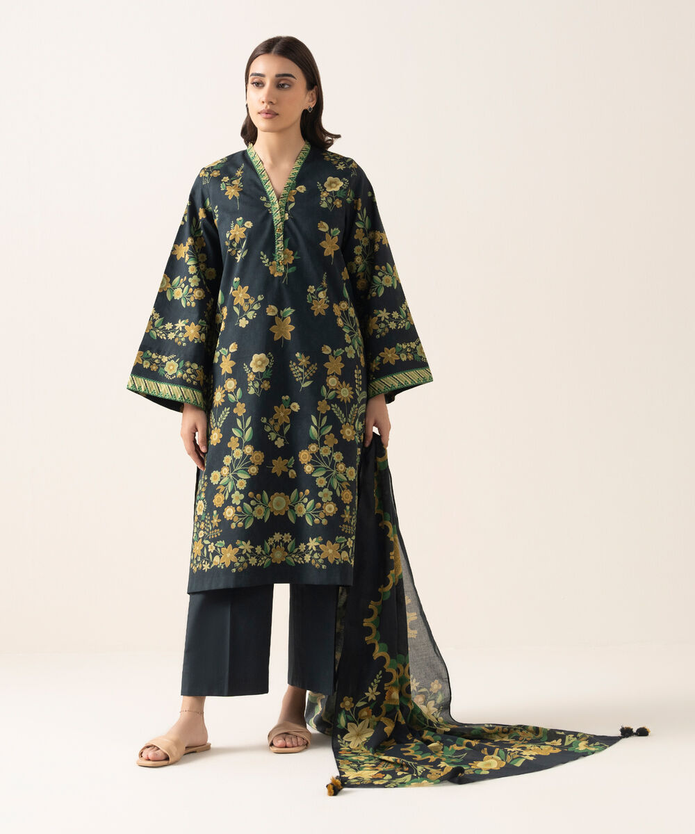 Women's Unstitched Lawn Printed Black 3 Piece Suit