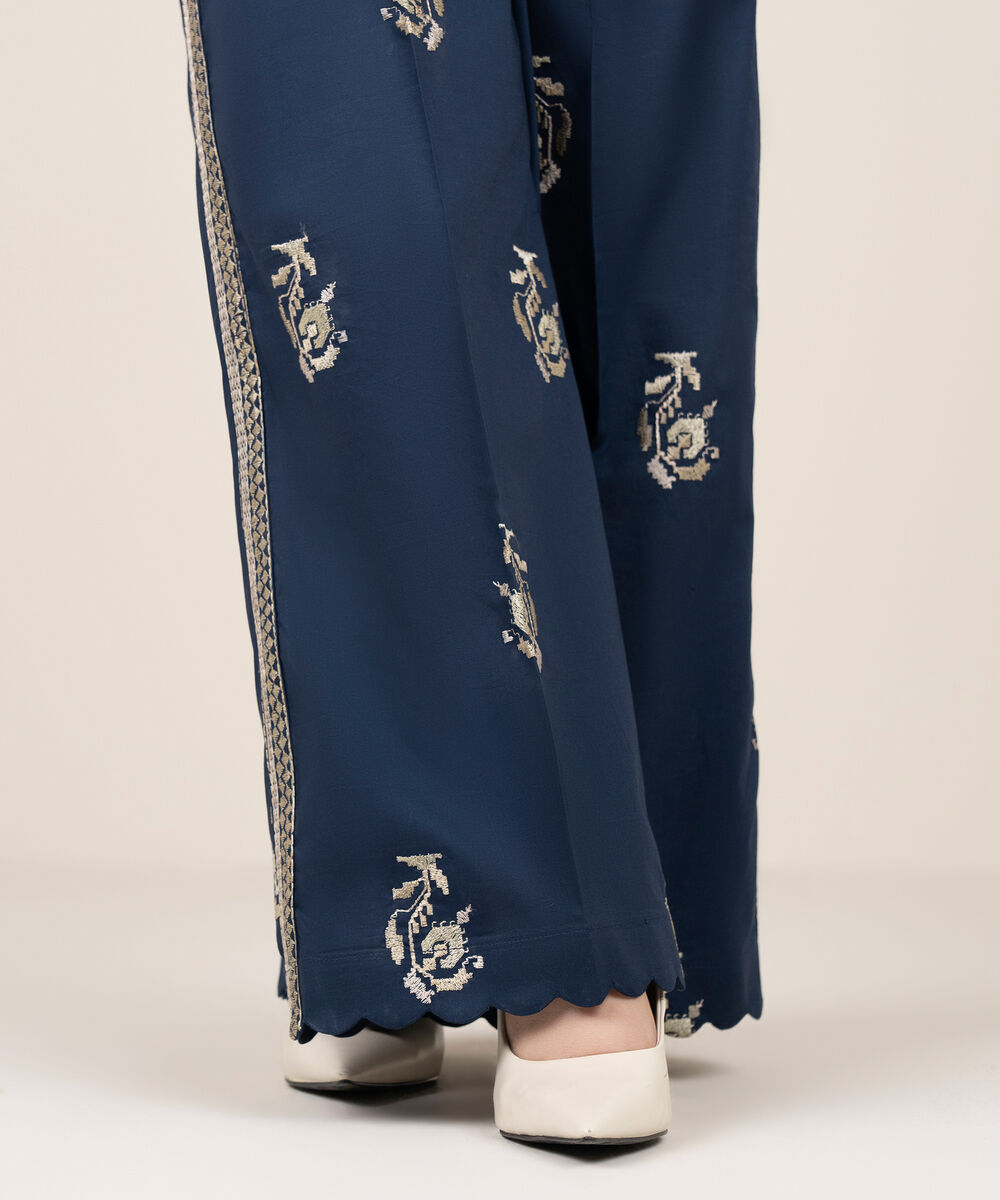 Women's RTW Cotton Embroidered Blue Flared Pants