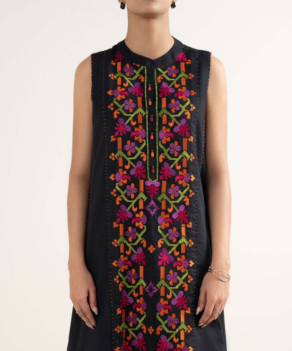 Women's Unstitched Cotton Viscose Embroidered Black 3 Piece Suit