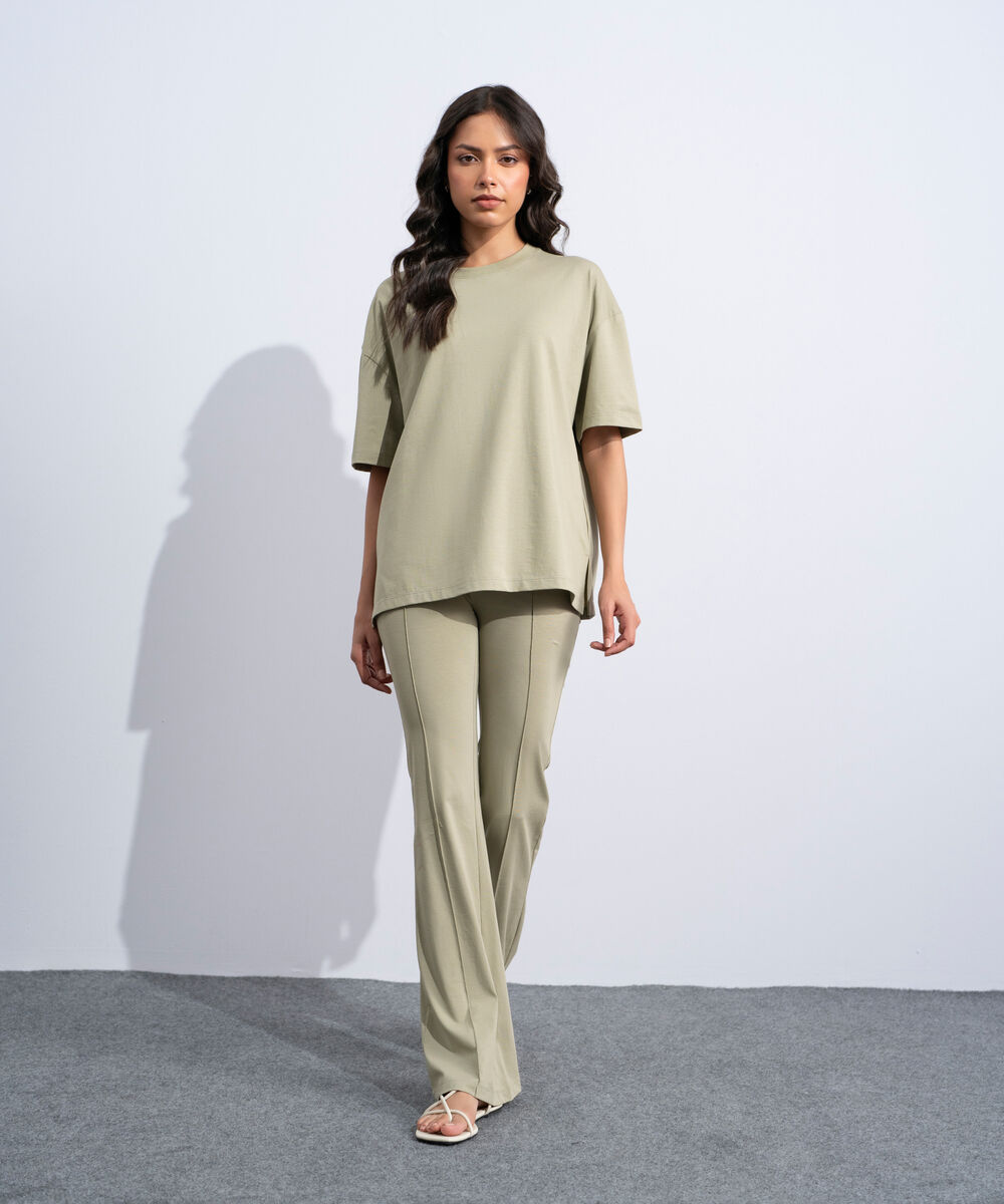 Women's Western Sage Green Stretchy Flared Trousers