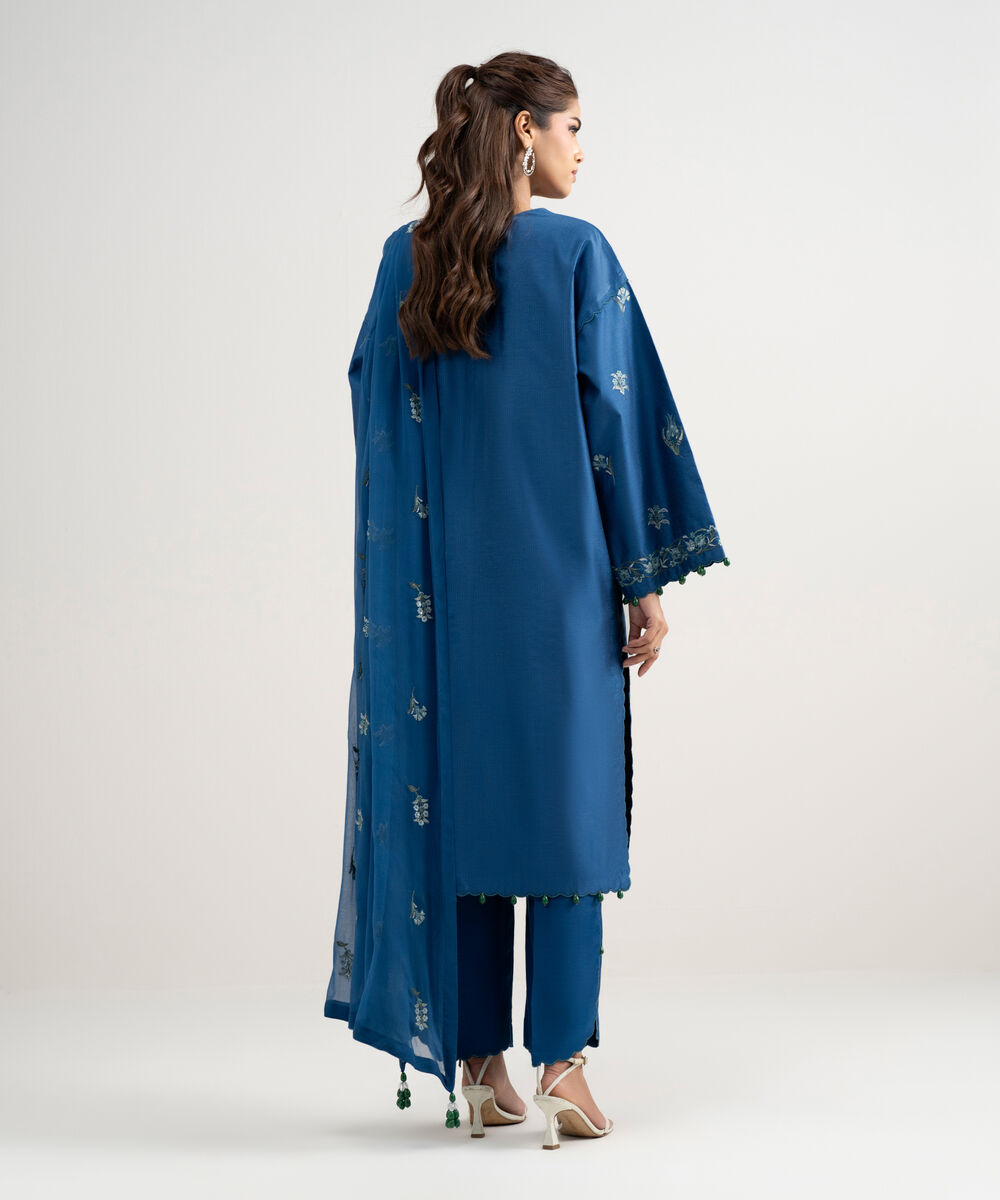 Women's Unstitched Silk Cotton Net Embroidered Blue 3 Piece Suit