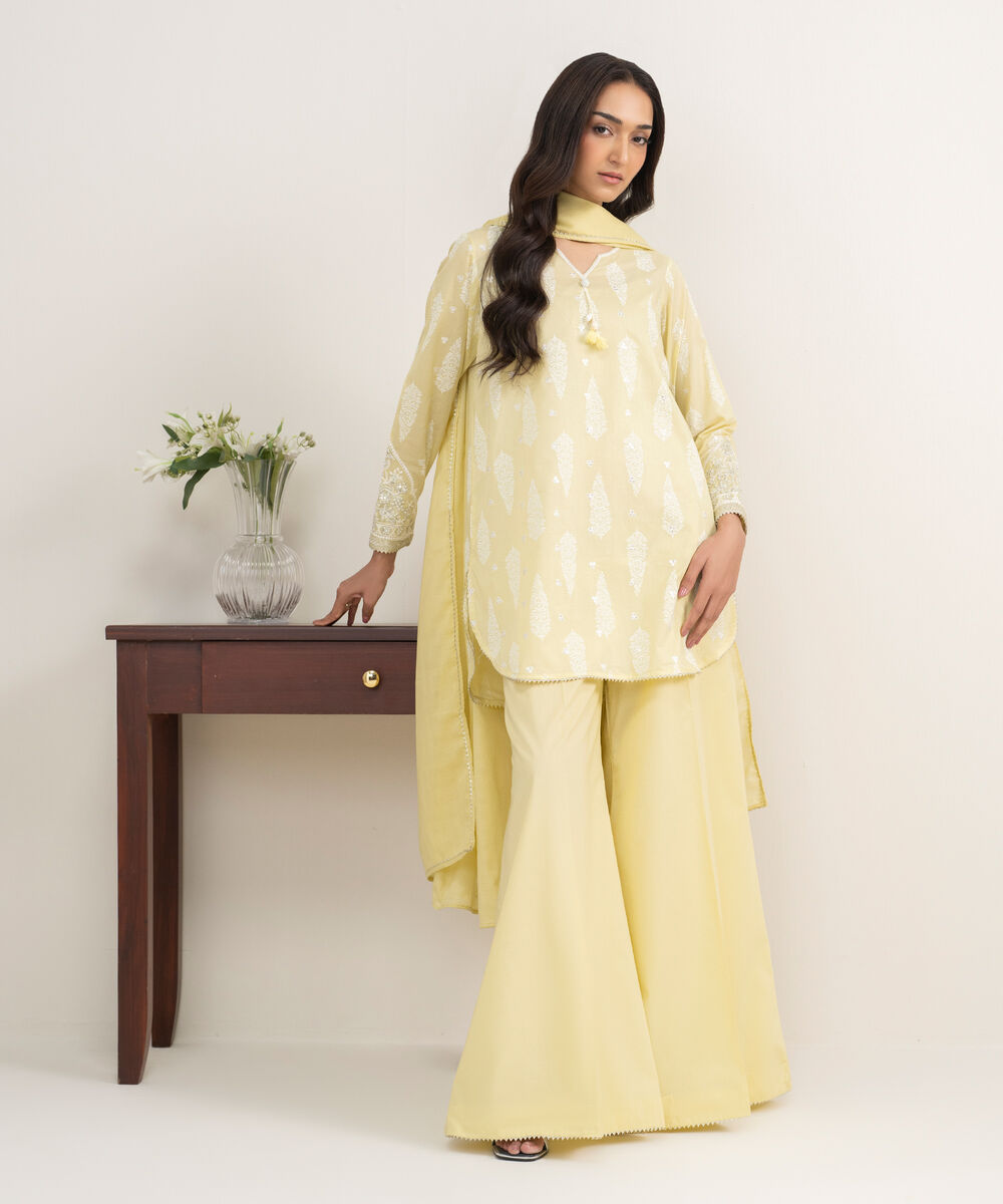 Women's RTW Lawn Embroidered Pale Yellow 3 Piece Suit