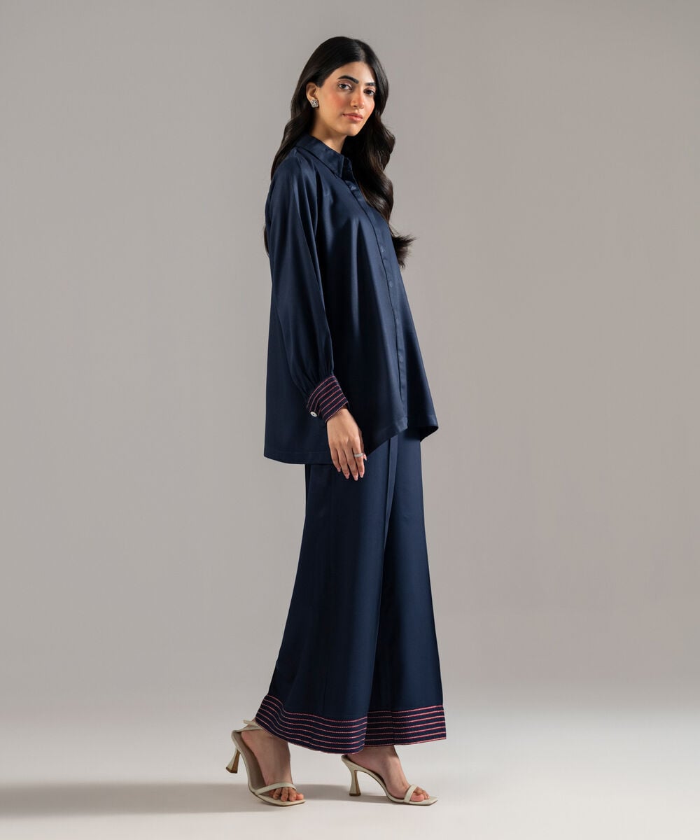 Women's RTW Bedford Solid Embroidered Dark Blue Drop Shoulder Shirt
