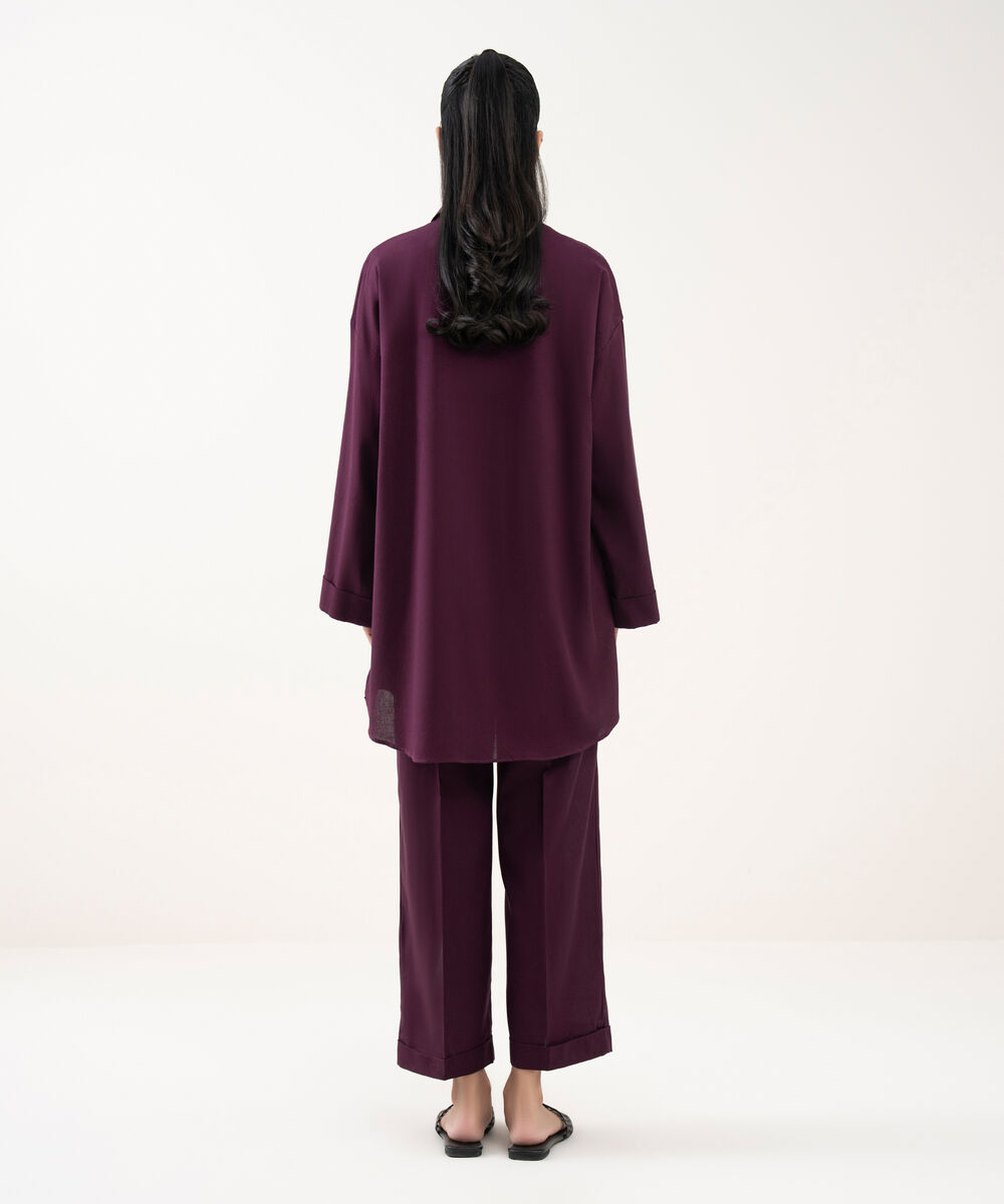 Women's RTW Cotton Linen Purple Solid Button Down Shirt