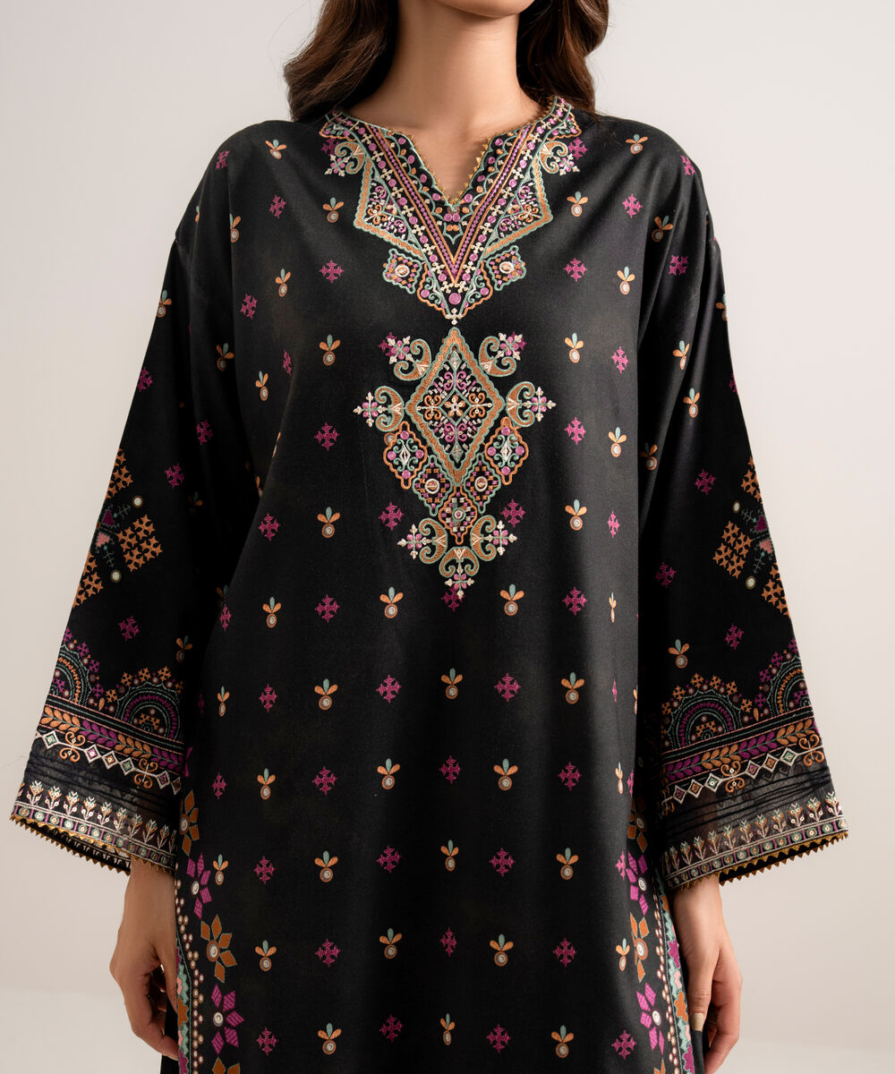 Women's Unstitched Embroidered Linen Black 3 Piece Suit