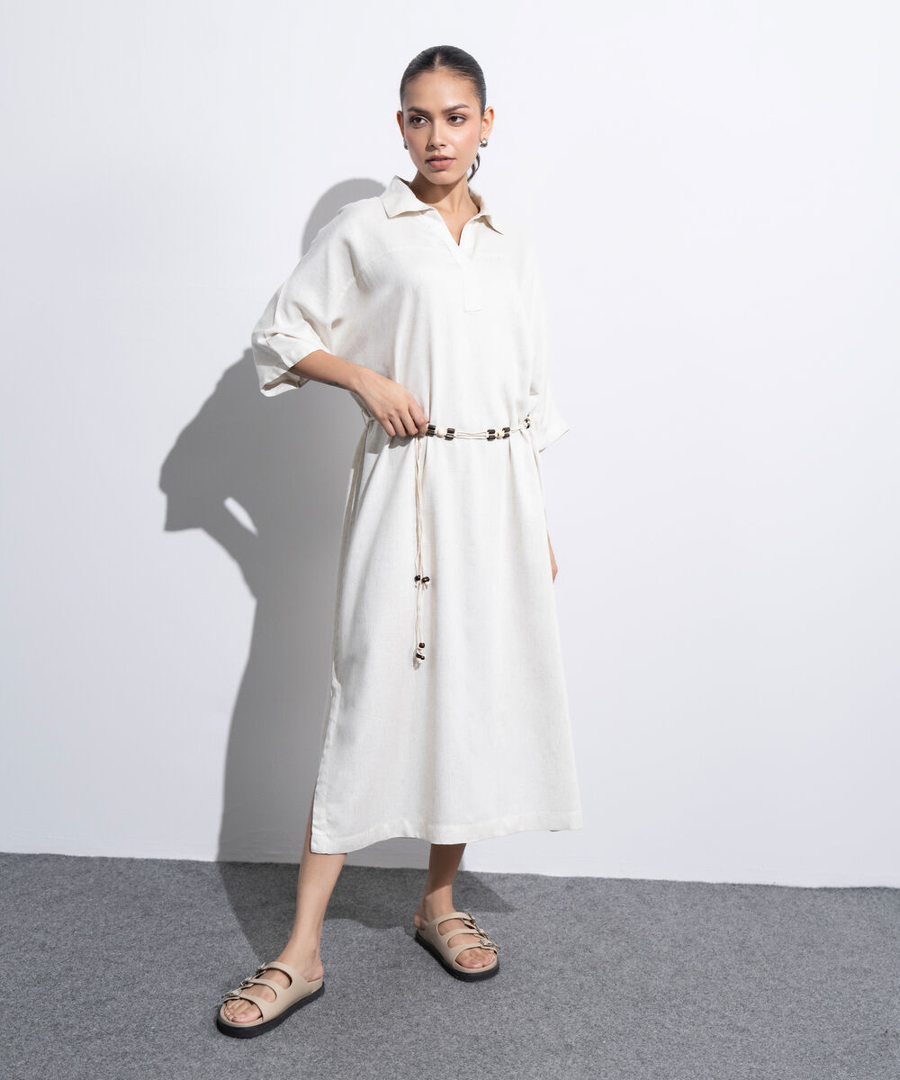 Women's Western Off-white Linen Dress With Crochet Belt